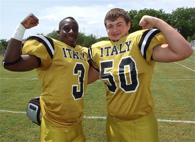 Image: Quarterback Marvin Cox(3) and offensive lineman Zain Byers(50) are strong and proud to be representing the Italy Gladiators.