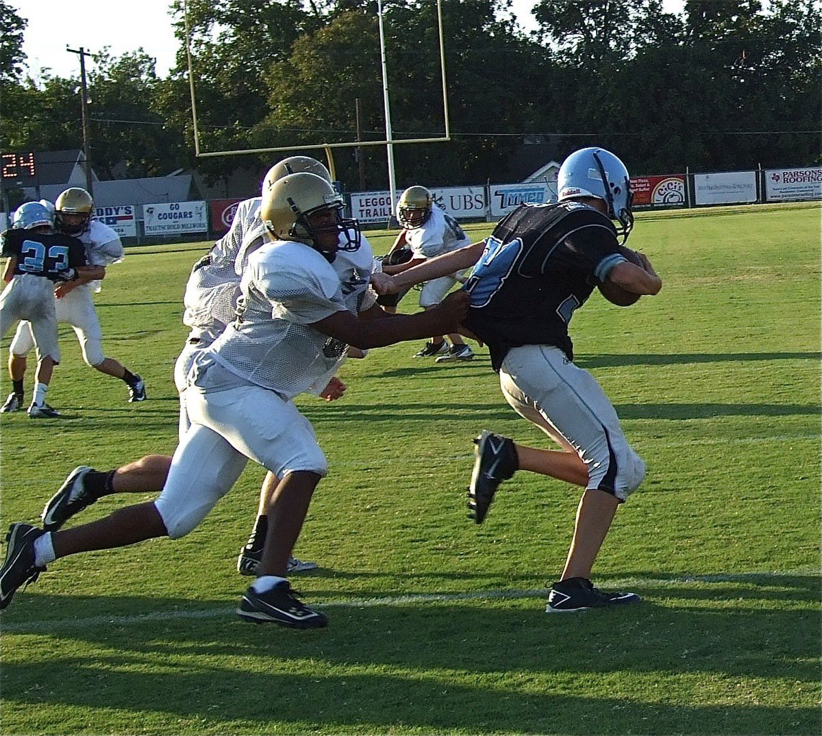 Image: Jaray Anderson(40) hangs on to bring down a Cougar.