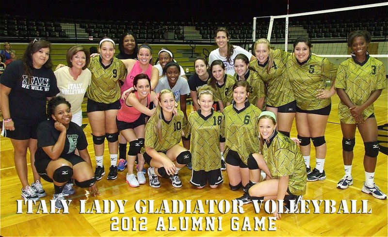 Image: Competing in the 2012 Alumni Game were: (Back row) Brendetta Oliver Reed, Brianna Burkhalter and Megann Lewis Harlow. (Middle row) Coach Tina Richards, Alumni coach Andi Windham, Alyssa Richards, Cassi Windham, Lady Gladiator head coach and alumni player Jessika Robinson, Jessica Simon Ward, Paola Mata, Paige Westbrook, Jaclynn Lewis, Monserrat Figueroa and Kortnei Johnson. (Front row) Shay Fleming, Drew Windham, Madison Washington, Tara Wallis, Morgan Cockerham and Bailey Eubank.