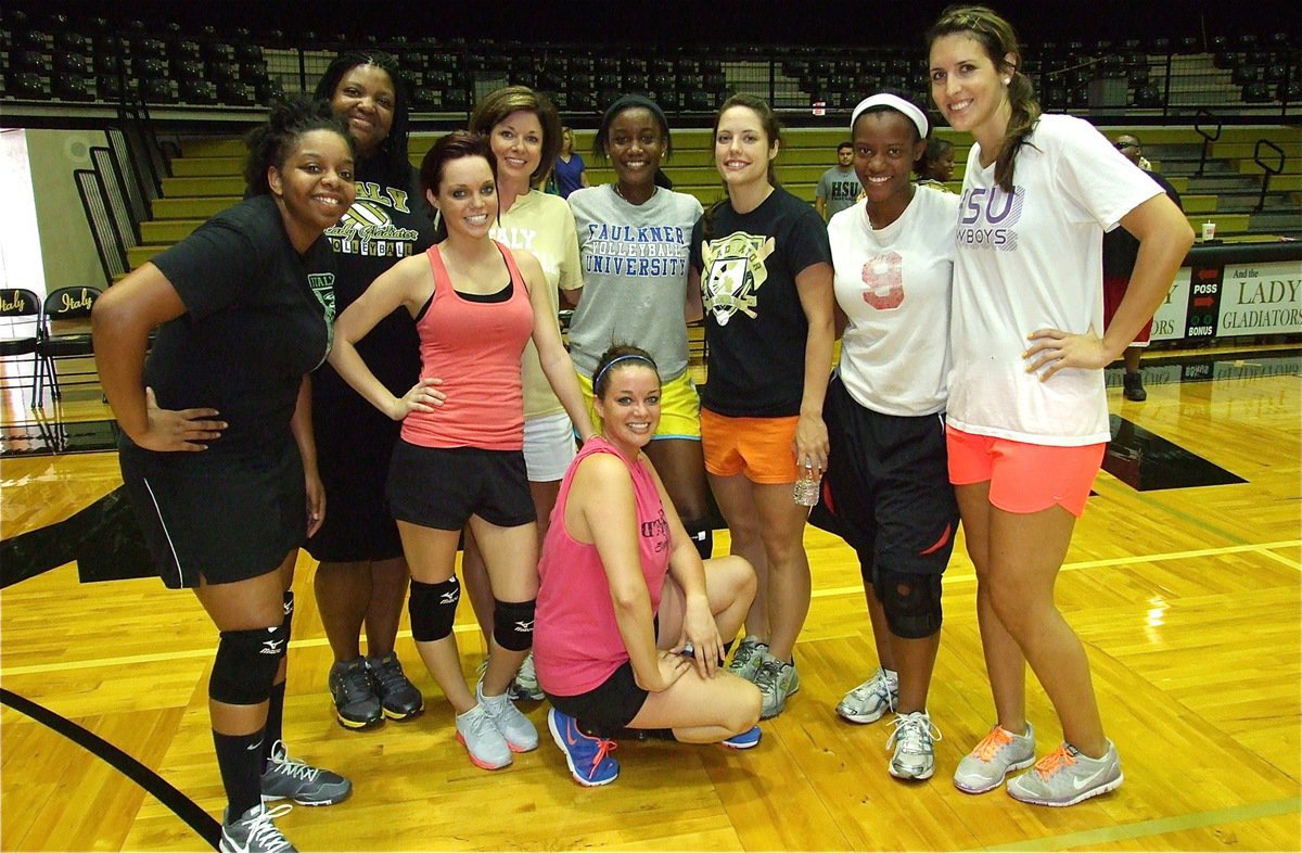 Image: The 2012 Alumni Lady Gladiators: (Back row) Shay Fleming, Brendetta Oliver Reed, Drew Windham, Alumni coach Andi Windham, Lady Gladiator head coach and alumni player Jessika Robinson, Jessica Simon Ward, Brianna Burkhalter and Megann Lewis Harlow. (Front row) Cassi Windham.