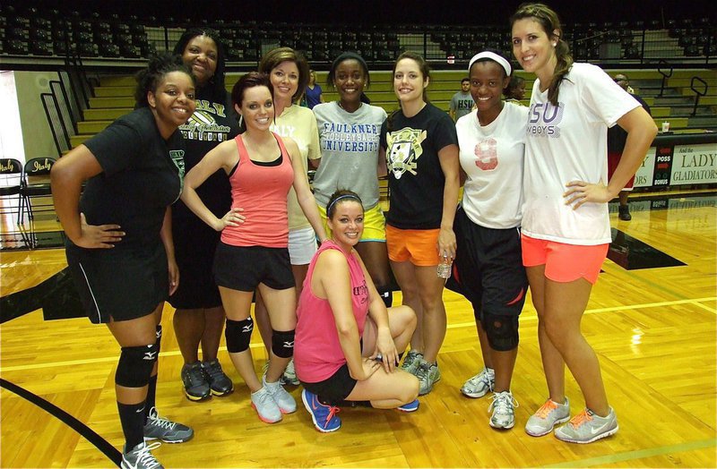 Image: The 2012 Alumni Lady Gladiators: (Back row) Shay Fleming, Brendetta Oliver Reed, Drew Windham, Alumni coach Andi Windham, Lady Gladiator head coach and alumni player Jessika Robinson, Jessica Simon Ward, Brianna Burkhalter and Megann Lewis Harlow. (Front row) Cassi Windham.