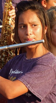 Image: Ana Luna, a sophomore member of the Gladiator Regiment Marching Band, plays loud and proud for the Italy Gladiators!