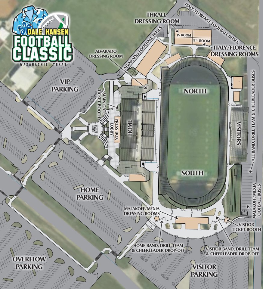 Image: Map of Stuart B. Lumpkins Stadium in Waxahachie details Home fans and team bus parking, team dressing rooms, ticket booth locations for both Home fans and Visitor fans, band, drill team and cheerleader drop-offs and VIP, Home, Visitor and overflow parking around the stadium.