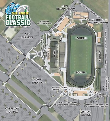 Image: Map of Stuart B. Lumpkins Stadium in Waxahachie details Home fans and team bus parking, team dressing rooms, ticket booth locations for both Home fans and Visitor fans, band, drill team and cheerleader drop-offs and VIP, Home, Visitor and overflow parking around the stadium.