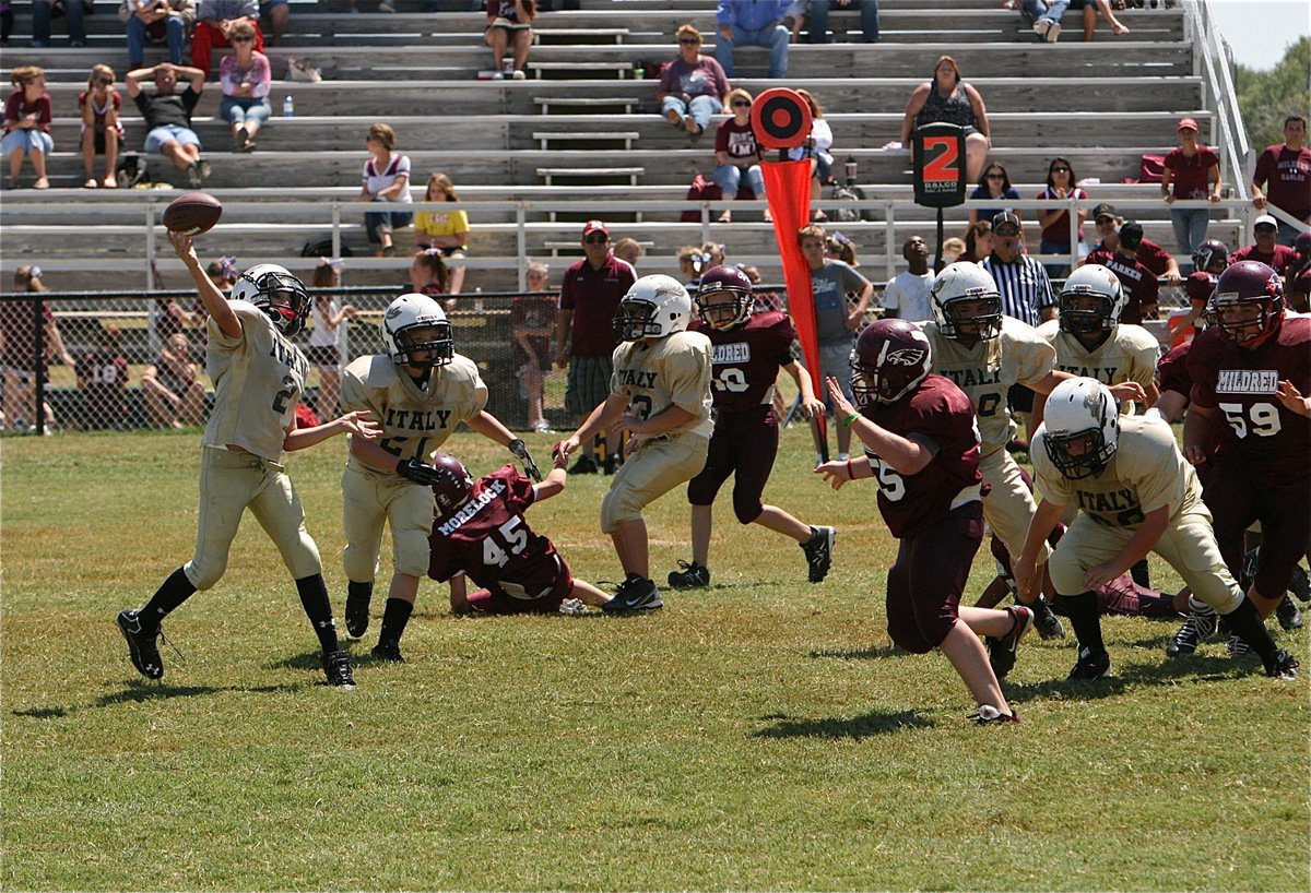 Image: Quarterback Ryder Itson(2) leads the A-team to an opening day 26-19 win over the Mildred Eagles at home on Willis Field.