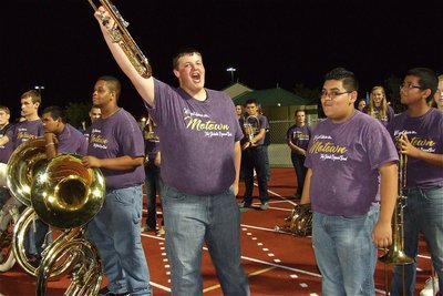 Image: Gladiator Regiment Marching Band member Zac Mercer tries to inspire the troops!