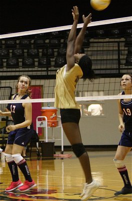 Image: Italy’s JV Lady Gladiator K’Breona Davis works backwards to get the ball over the net.