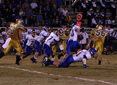 Image: Kevin Roldan(60), Braulio Luna(56), Jalarnce Lewis(21) and Kelvin Joffre(80) go after a Sunnyvale ball carrier.