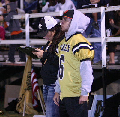 Image: Alyssa Richards and Caden Jacinto stay warm on the sideline.