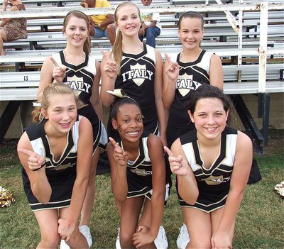 Image: Your Italy Junior High cheerleaders! (Back row L-R) Brooke Deborde, Annie Perry and Paige Little. (Front row L-R) Meagan Connor, Sierra Wilson and Caroline Pittman.