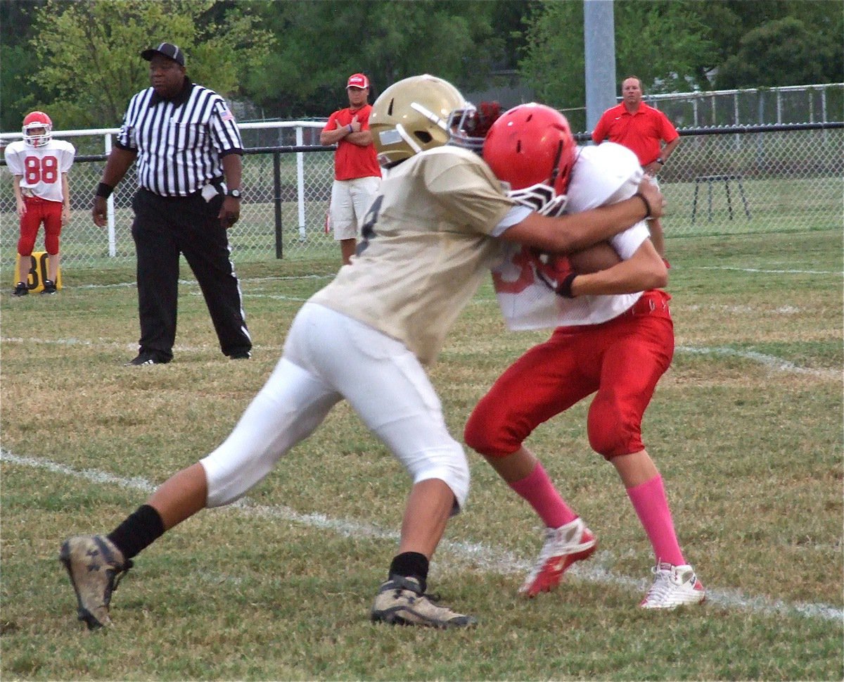 Image: Devonteh Williams(9) tackles a Tiger for a loss in the backfield.