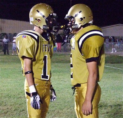Image: You ready? Are you ready? Ty Windham(12) and Hunter Merrimon(2) get motivated to put some hurt on Hico.