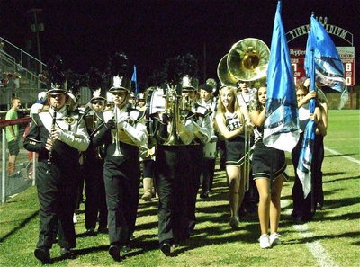 Image: The Gladiator Regiment Marching Band exits the playing field after dazzling Hico’s fans with their amazing sound.
