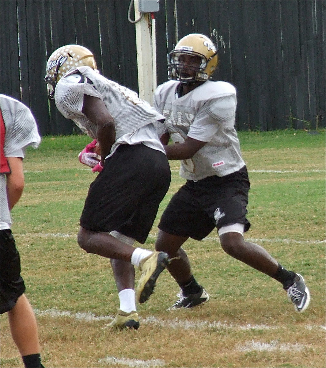 Image: Marvin Cox hands(3) off to Ryheem Walker(10) during practice.