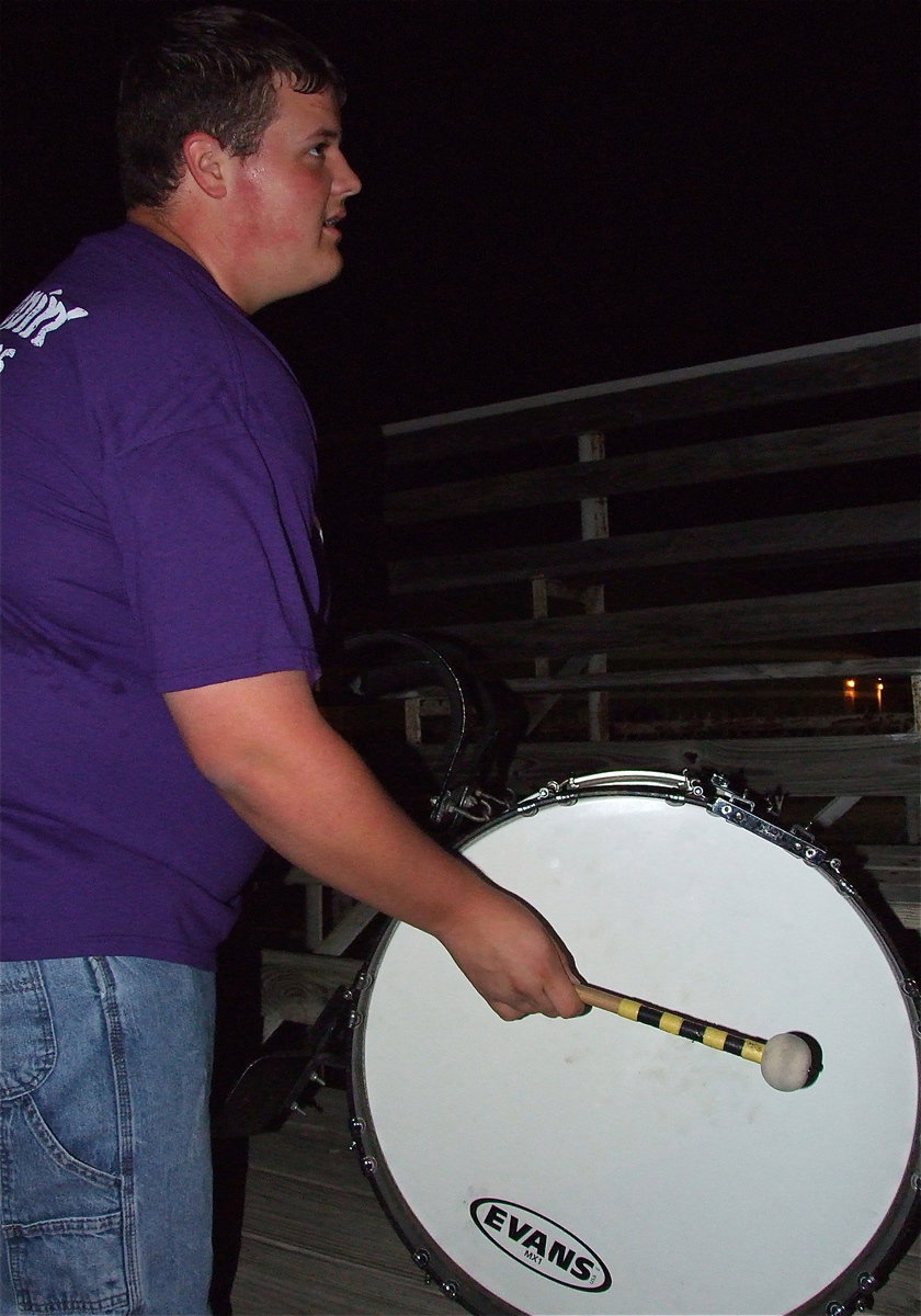 Image: Gladiator band member Zac Mercer gets the music going during the lighting of the giant letter “I” on Willis Field.