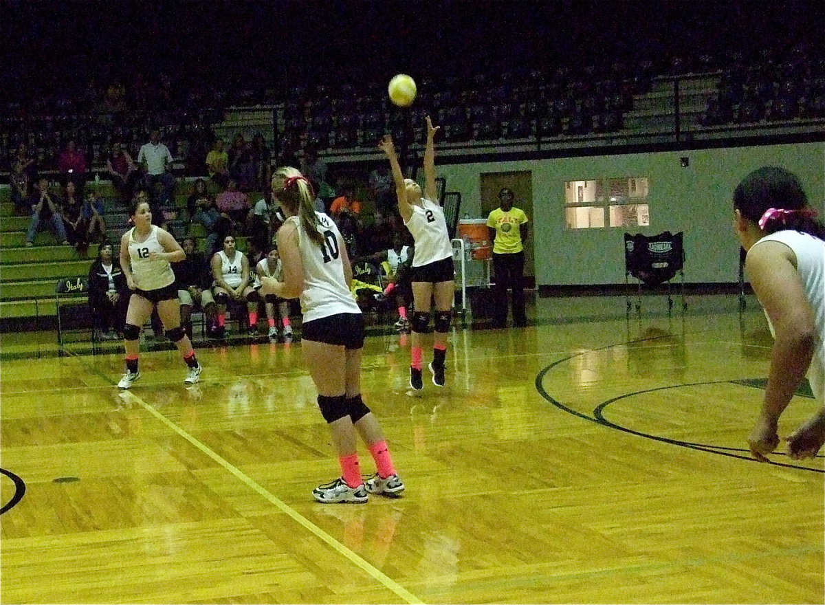 Image: Paola Mata(2) sets the ball while Paige Westbrook(12), Madison Washington(10) and Alyssa Richards(13) charge the net.