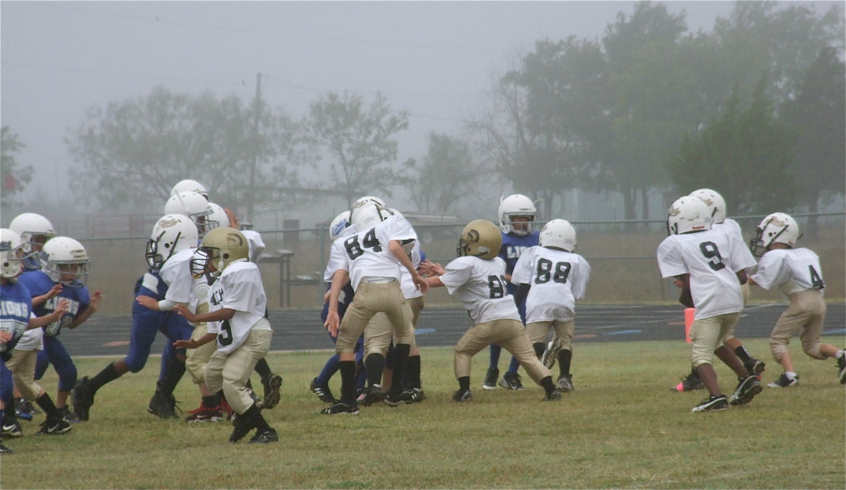 Image: John Hall(9) takes the shotgun snap from Taylor Sparks(84) and then searches for running room behind Jordan Clamon(80), Kevin Magness(88), Jaylon Wallace(2) and Dustyn Duke(4). Hall scored on the conversion run to put the IYAA C-team up 7-0 in the first-quarter.