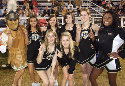 Image: The 2012 Gladiator cheerleaders are (Back row) mascot Reagan Adams, Ashlyn Jacinto, Morgan Cockerham (sr), Meagan Hooker (sr), Taylor Turner and K’Breona Davis. Down in front are Kelsey Nelson and Britney Chambers.