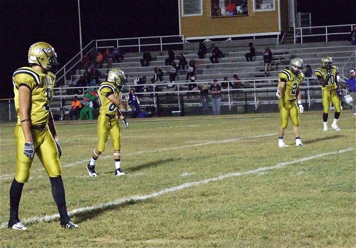 Image: Senior Gladiators Cole Hopkins(9), Kelvin Joffre(80), Chase Hamilton(2) and Ryheem Walker(10) line up on offense.