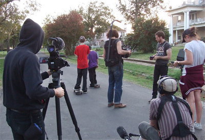 Image: Setting up a skateboarding shot.