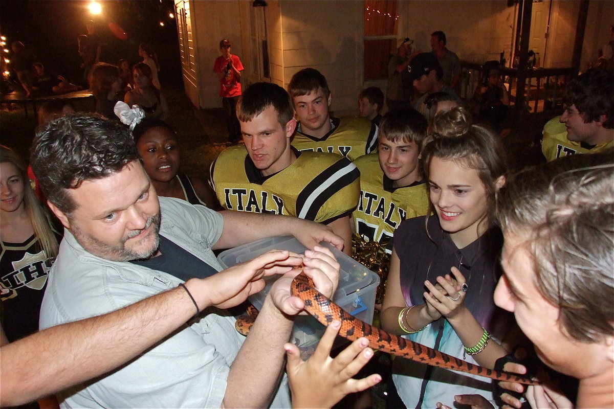 Image: Ray Don Mitchell and one of his exotic pet snakes attracts attention while shooting the party scene.