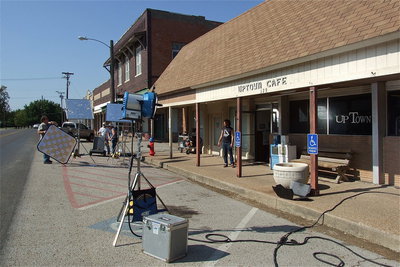 Image: Film crews setup outside The Uptown Cafe in downtown Italy on Monday to shoot a scene inside. Lunch was served as usual by owner Doris Mitchell, with help from Sandy Eubank and the rest of the Uptown crew.