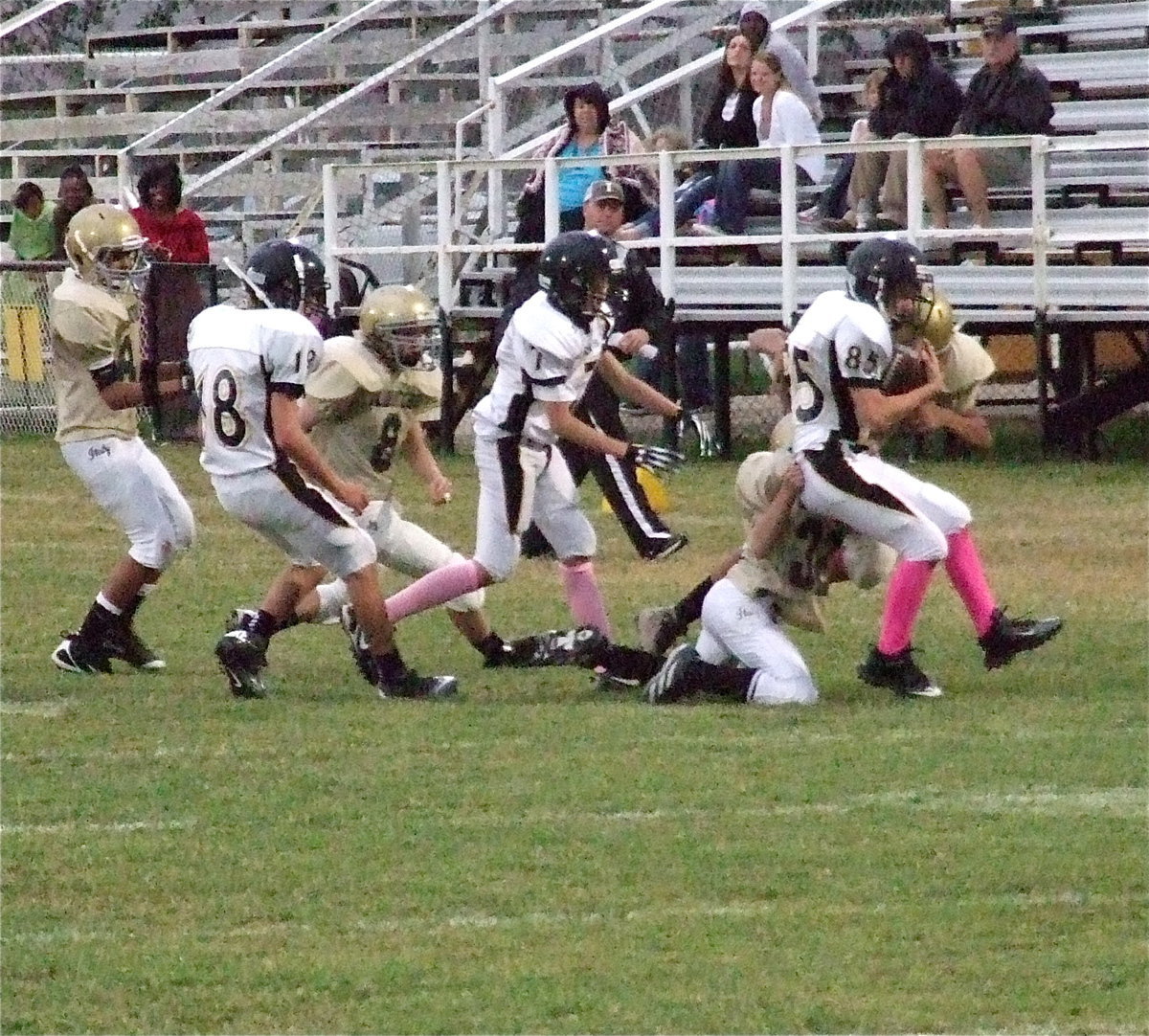 Image: Dylan McCasland(32) and Devonteh Williams(9) make the stop against Cayuga.