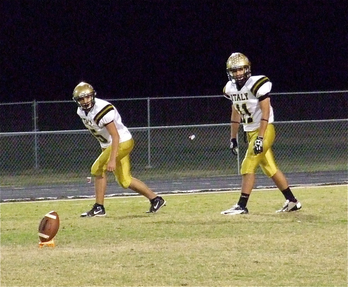 Image: Gladiators Cody Medrano(75) and Reid Jacinto(11) are prepared for the kickoff.