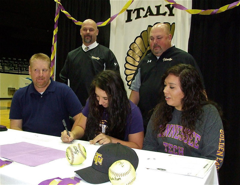 Image: Lady Gladiator Alyssa Richards, a senior at Italy High High School, and signs her Letter of Intent upon accepting a softball scholarship to Tennessee Tech University as her parents Allen and Tina Richards, Lady Gladiator Softball Head Coach Wayne Rowe and IHS principal Lee Joffre show their support.