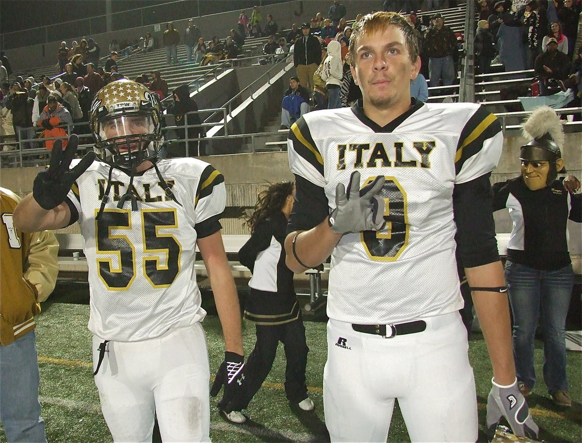 Image: Senior Gladiators Zackery Boykin(55) and Cole Hopkins(9) have added three trophies to the shelf so far this season.