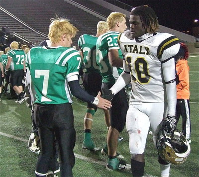 Image: Valley View’s Cole Seese(7) congratulates Italy’s Ryheem Walker(10) after the game. Walker led Italy’s defense with 17 tackles with 15 solo stops and rushed 16 times for 133 yards on offense scoring one touchdown for the Gladiators.