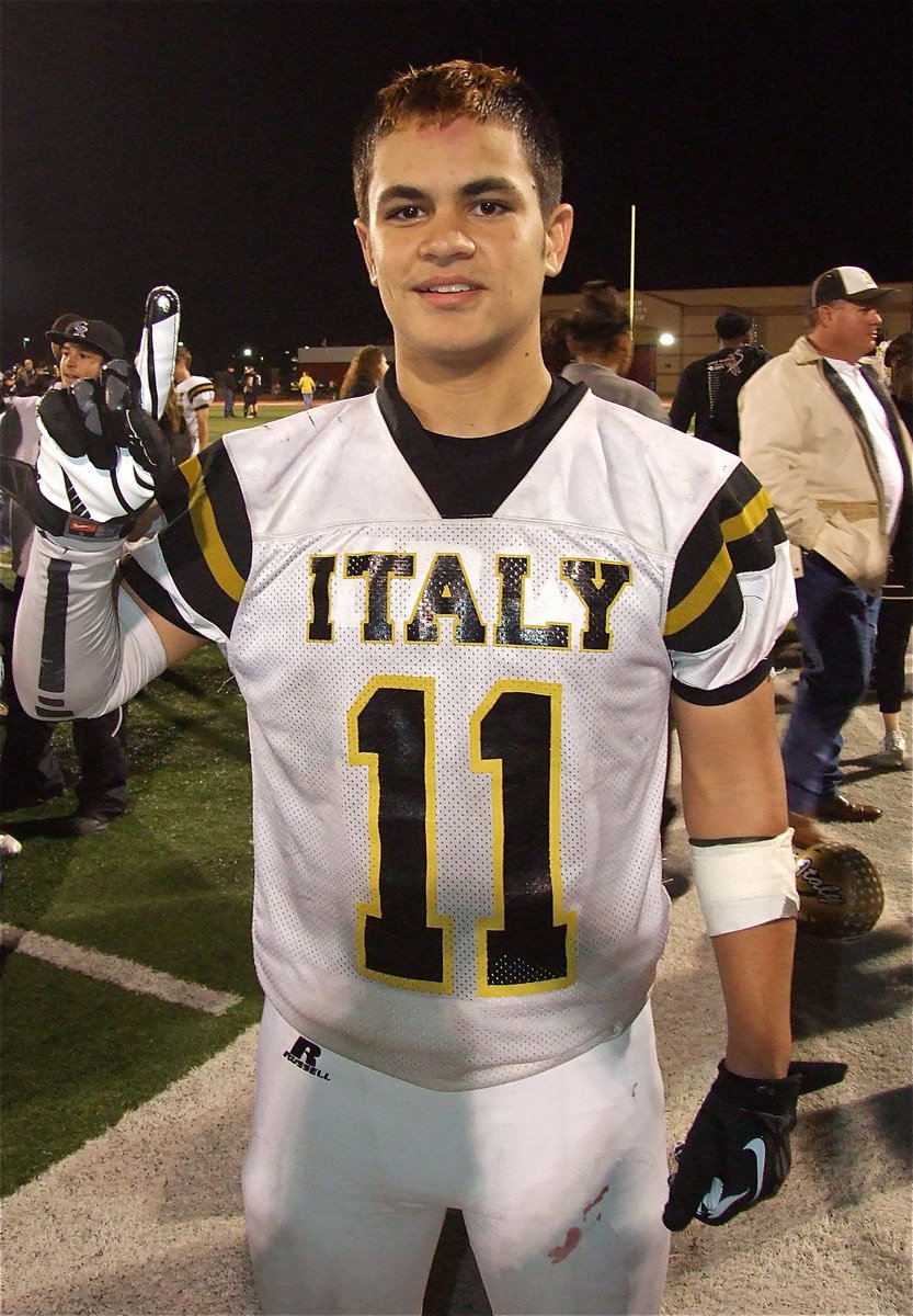 Image: Senior Gladiator Reid Jacinto(11) is proud of his team’s effort after Italy defeats Goldthwaite 14-3 in Glen Rose.