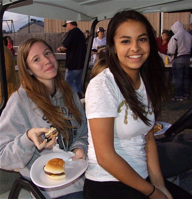 Image: Color guard mates Brooke Miller and Ashlyn Jacinto are ready for the big game between Italy and Goldthwaite.