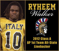 Image: Senior Ryheem Walker received the 2012 Class A AP 1st Team All-State Linebacker award as an Italy Gladiator.