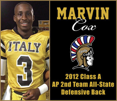 Image: Senior Marvin Cox received the 2012 Class A AP 2nd Team All-State Defensive Back award as an Italy Gladiator.