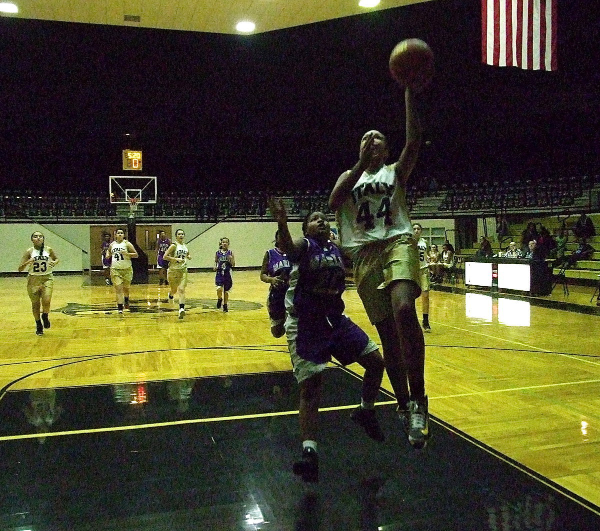 Image: Asserting her will is floor general Emily Cunningham(44) who opts to take it to the hoop herself.