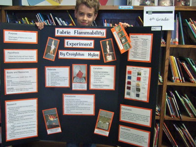 Image: Creighton Hyles (4th grade) took 2nd place on his fabric flammability experiment.
