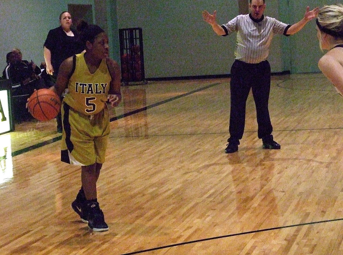 Image: Point guard Jameka Copeland(5) executes a set play for the Lady Gladiators.