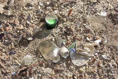 Image: A closer view of the broken bottles, pottery and dishes that were once set upon headstones at Hughes Cemetery, headstones now smashed and hoped to be forgotten.