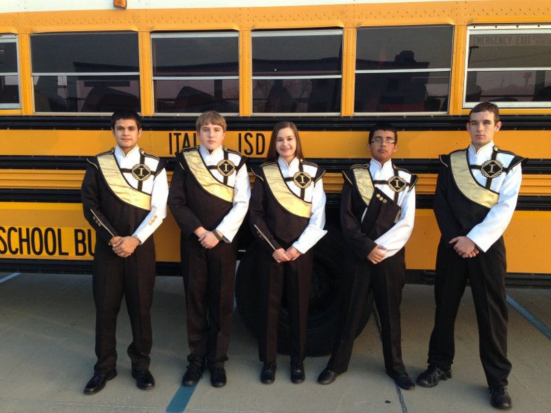 Image: Concert Band members — Reid Jacinto, Brett Kirton, Amber Hooker, Jorge Galvan and Ryan Connor