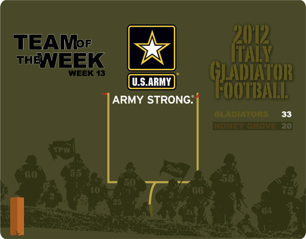 Image: The Italy Gladiators were awarded the Army Strong Team of the Week in week 13 by the United States Army after getting the job done against Honey Grove by a score of 33-20 to claim the regional final championship.