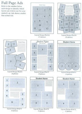 Image: Full Page Ads: Refer to the number below each design to identify which layout you wish to use for your student’s ad. Ads shown are smaller than actual size.