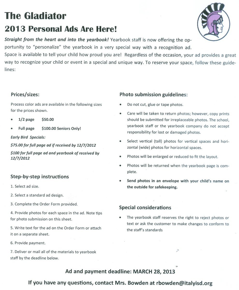 Image: The Gladiator 2013 Personal Ads Are Here! Ad and Payment deadline is March 28, 2013!!