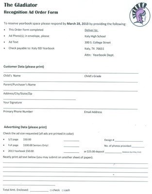 Image: The Gladiator Recognition Ad Order Form: To reserve your yearbook space, please respond by March 28, 2013 with your completed forms.