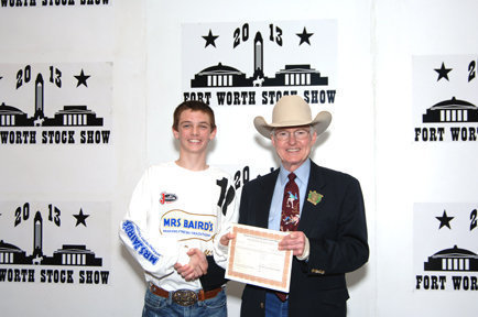 Image: Ty Windham won a $500 purchase certificate toward a registered beef or dairy heifer for a 4-H or FFA project to exhibit at next year’s Fort Worth Stock Show &amp; Rodeo. The certificate, presented by Ed Bass, FWSSR Chairman of the Board, was sponsored by Monosol LLC of Merrillville, Indiana.
