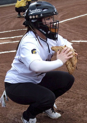 Image: Catcher Paige Westbrook warms up pitcher Jaclynn Lewis.