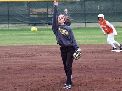 Image: Cassidy Childers is active on the mound for the JV Lady Gladiators.