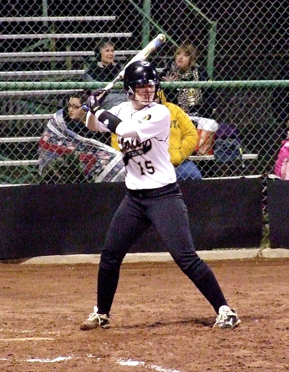 Image: Sophomore slugger Jaclynn Lewis awaits the pitch.