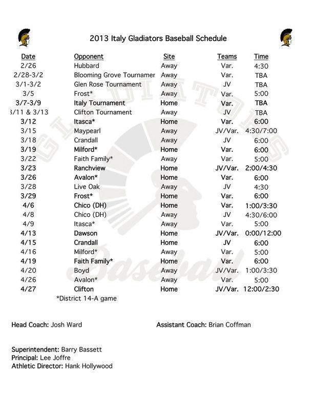 Image: 2013 Italy Gladiators Baseball Schedule
    To Print Form: Click the image two separate times (not a double-click) to ensure the image is at its highest resolution. Save image to downloads on your computer. Open the image within your downloads folder and then print it for maximum size.
