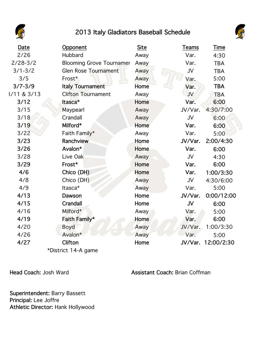 Image: The 2013 Italy Gladiator Baseball Schedule.